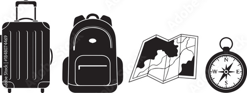 Travel adventure essentials silhouette set luggage backpack map compass outdoor journey