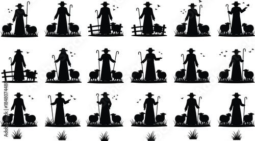 Shepherd silhouettes collection with sheep and crook staff in rural farmland scenes, symbolizing pastoral life, agriculture, tradition and countryside lifestyle