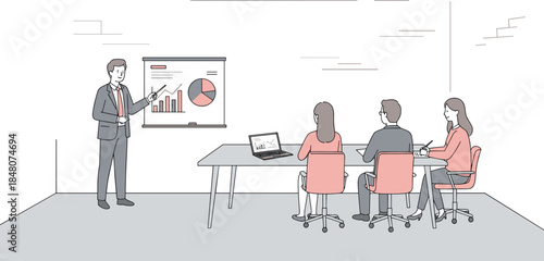 Businessman giving presentation to team in office meeting room, showing charts, data analysis, corporate strategy discussion, teamwork collaboration, project planning and growth performance
