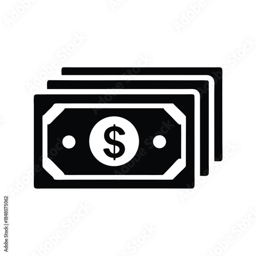 Stacked Paper Currency Black Icon, Dollar Symbol, Economy and Wealth, Financial Asset