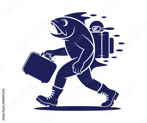 Anthropomorphic fish wearing scuba gear and boots carries briefcase.