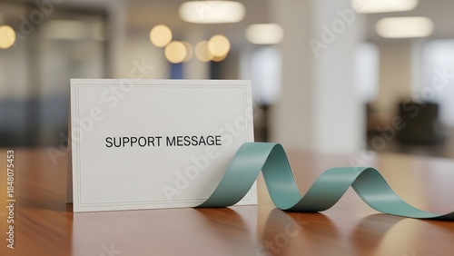 Support message on white card with teal ribbon on wooden desk