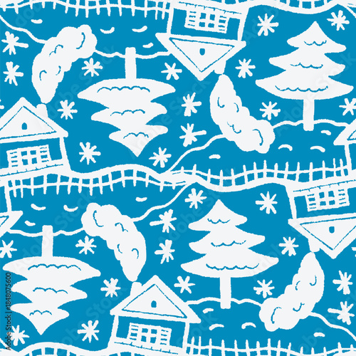 Monochrome seamless pattern with a winter village. Vector illustration.