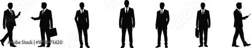 Businessman silhouettes, standing and walking, professional male figures, office attire, briefcase, communication, teamwork, white background