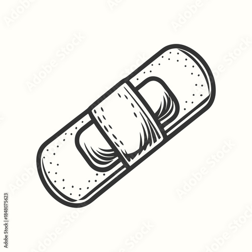 Cartoon Style Adhesive Bandage Strip with a Red Medical Cross & Black Outline, Isolated