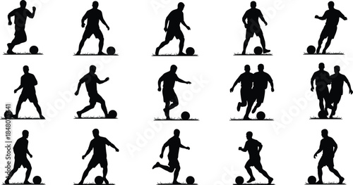 Soccer player silhouette collection showing football dribbling, running, passing, and teamwork actions, dynamic sports motion poses for training and match concepts