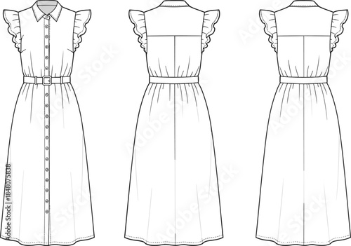 Button down belted midi dress with ruffle sleeves, front and back CAD sketch, fashion flat, vector illustration, technical drawing
