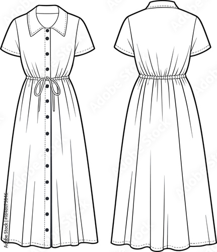 Button front dress flat sketch, short sleeve, collared midi dress design, waist tie, front and back view vector illustration