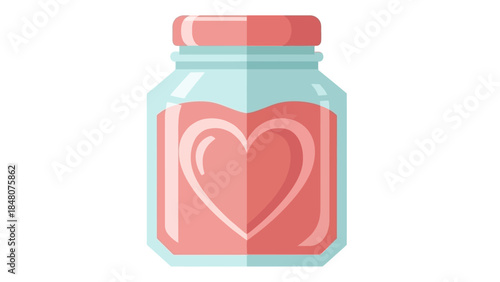 Whimsical illustration of a glass jar filled with a heartfelt pink liquid and a prominent heart