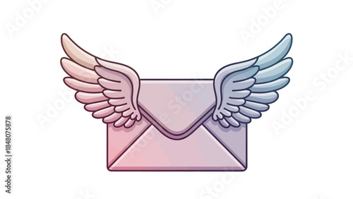 Whimsical illustration of a pastel-colored envelope with angel wings symbolizing communication and