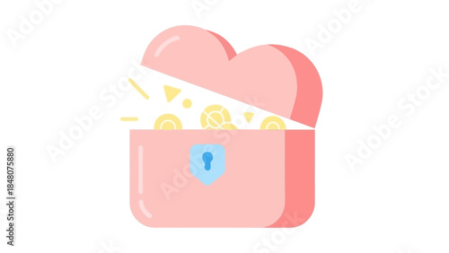 Whimsical Illustration of a Heart-Shaped Treasure Chest with Coins and Keyhole