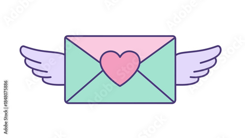 Whimsical illustration of a pastel-colored winged envelope with a heart at its center symbolizing