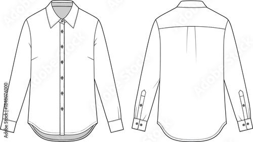Button-up shirt fashion flat, vector technical sketch, sewing pattern, apparel design, shirt template, garment drawing, cad flat illustration