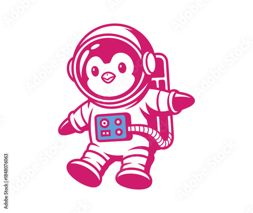 Cute cartoon penguin wearing a pink astronaut suit with blue accents floating space.