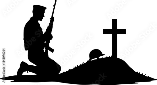 Fallen Soldier Memorial Silhouette SVG | Military Grave Cross Tribute Design
