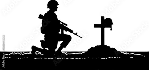 Fallen Soldier Memorial Silhouette SVG | Military Grave Cross Tribute Design