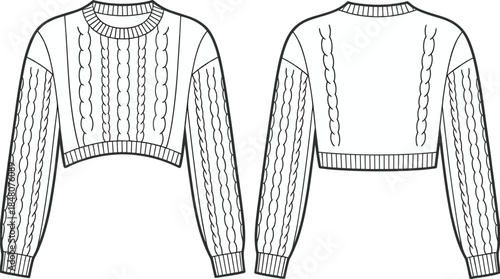Cable knit cropped sweater, long sleeve fashion flat sketch, curved hem pullover top with ribbed trims