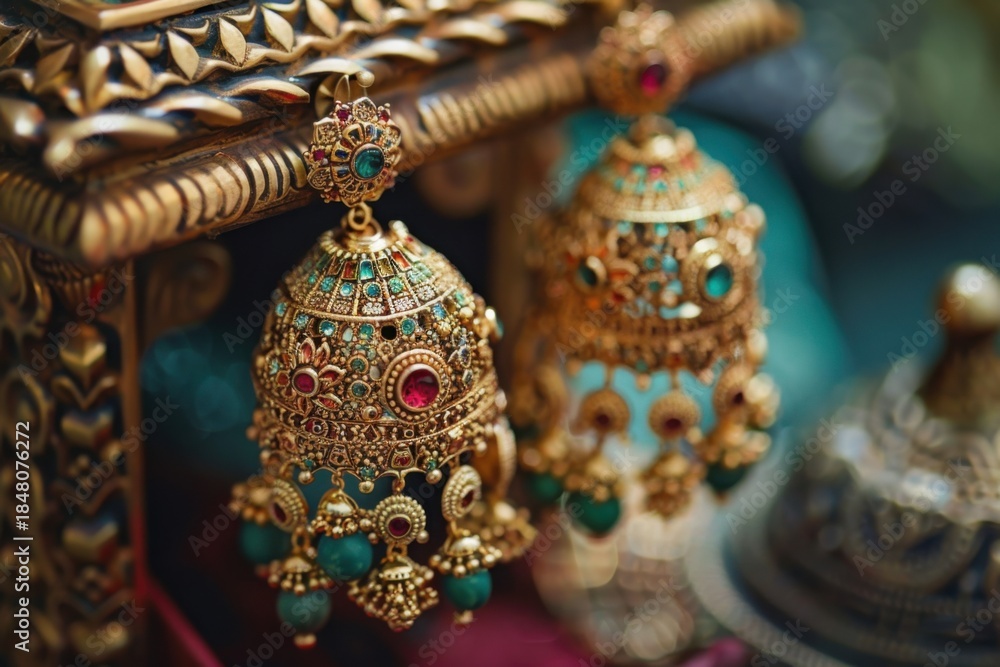 Obraz premium Beautiful Antique Golden pair of earrings, Luxury female jewelry, Indian traditional jewelry, Indian jewelry Bridal earrings wedding jewelry heavy party earrings