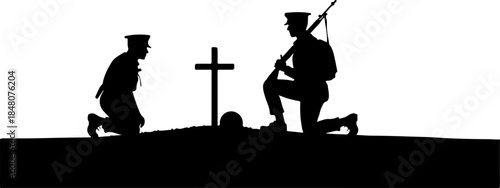 Fallen Soldier Memorial Silhouette SVG – Kneeling Soldier with Rifle and Cross, Military Tribute Cut File