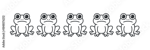 a charming line of five cartoon frogs with large eyes and small smiles presented in a simple black and white illustration style