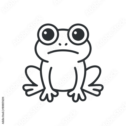 a simple black and white line drawing depicts a cute cartoon frog sitting with its legs bent and a slightly sad expression