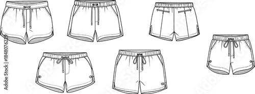 CAD drawing flat vector illustration of assorted drawstring shorts designs fashion garment template with front and back view details