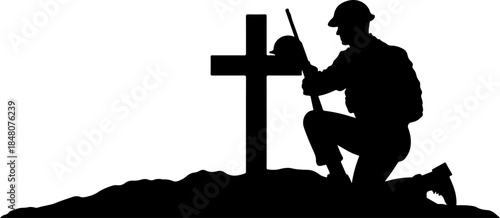 Fallen Soldier Memorial Silhouette SVG – Kneeling Soldier with Rifle and Cross, Military Tribute Cut File