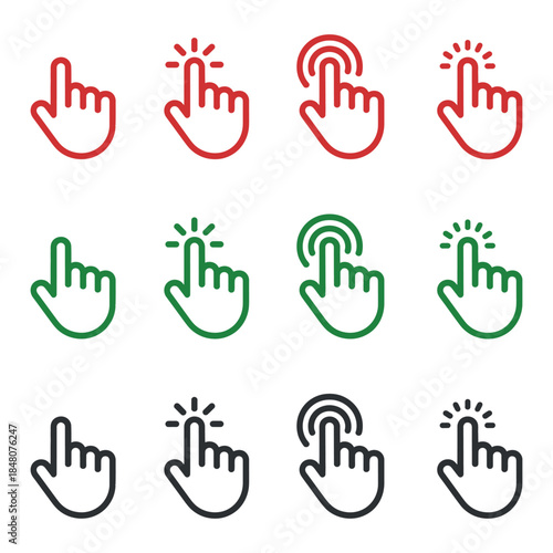 a collection of colorful hand icons depicting various pointing and clicking gestures showcasing red green and black outlines high quality professional
