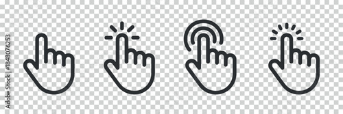 a collection of four distinct black line art hand icons depicting various pointing and clicking gestures on a transparent background