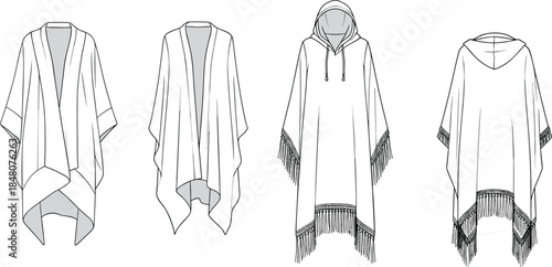 CAD drawing flat vector illustration of assorted poncho and hooded wrap designs fashion garment template with front and back views