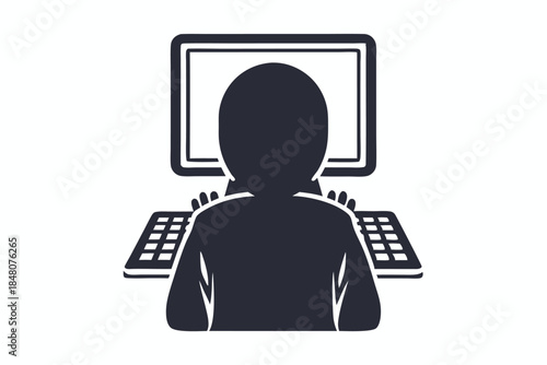 Minimal Black Silhouette of Person Typing at Computer Keyboard, Modern Icon Style