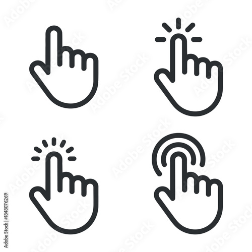 A collection of four black and white line art icons depicting different hand gestures relating to clicking and interaction high quality
