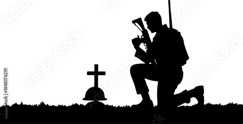Fallen Soldier Memorial Silhouette SVG – Kneeling Soldier with Rifle and Cross, Military Tribute Cut File