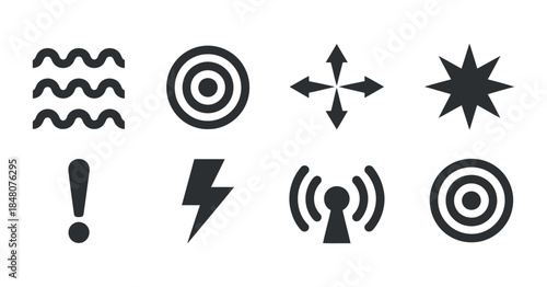 a collection of diverse black glyphs including targets waves signals an exclamation point and other abstract shapes presented on a white background