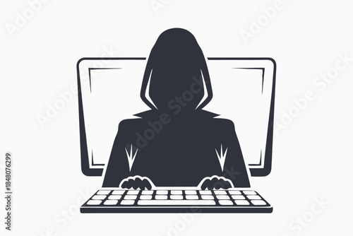 Hooded Figure Typing on Keyboard Silhouette Dark, Anonymous, Computer, Isolated