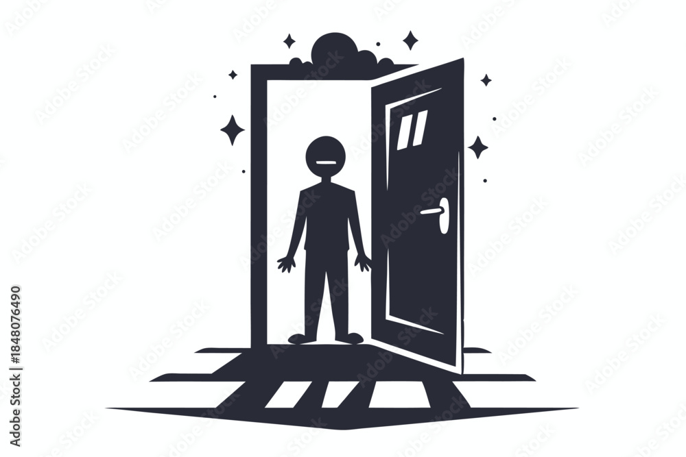 Fototapeta premium Silhouette Figure in Open Doorway with Sparkles and Cloud; Minimalist