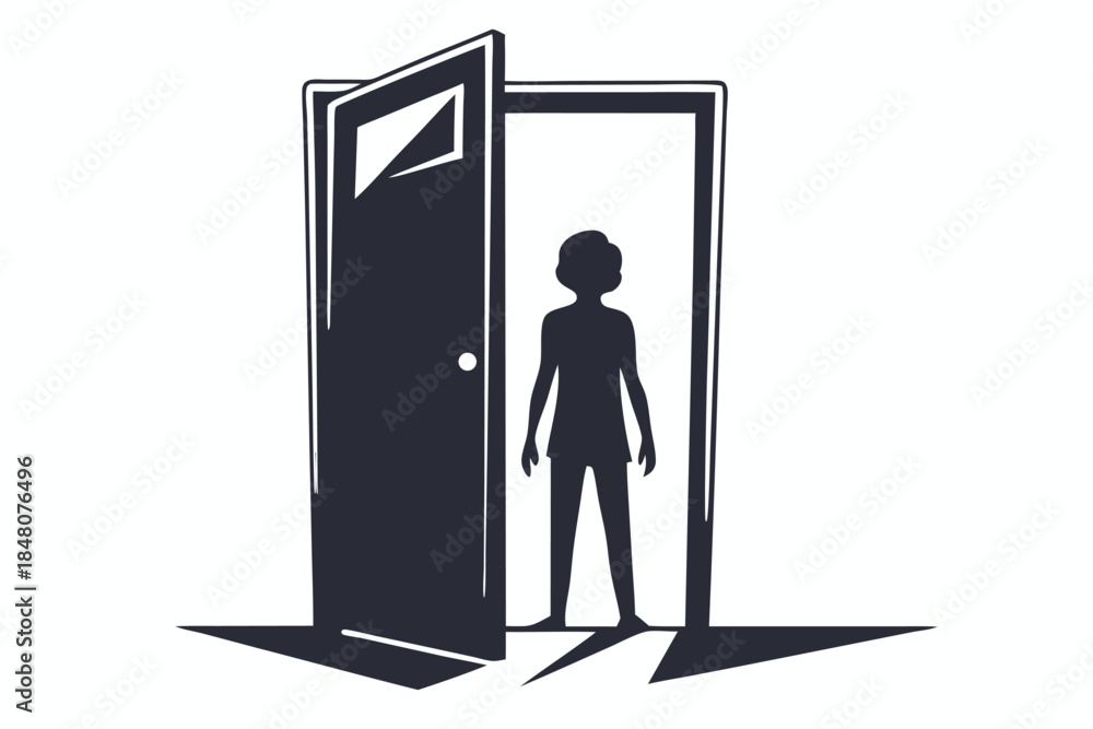 Fototapeta premium Open Door Silhouette Girl Standing in Doorway, Threshold, Opportunity, Isolated