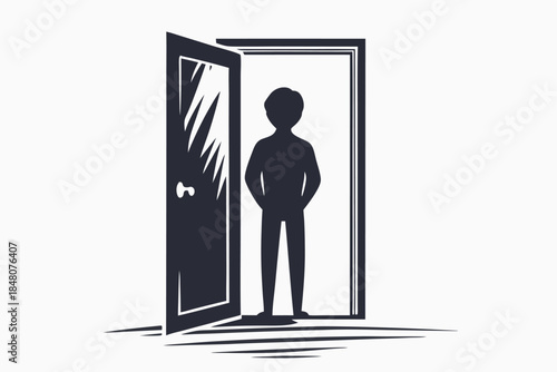 Silhouette of Person Standing in Open Doorway with Hands in Pockets, Minimalistic Look