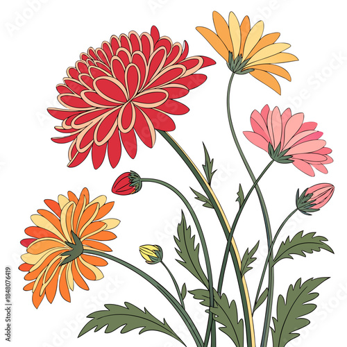 Colorful flowers with green stems and leaves on white background 1