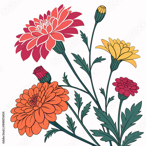 Colorful flowers with green stems and leaves on white background