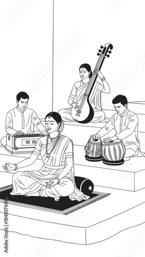 Group of Indian musicians performing traditional classical music with sitar, tabla, and harmonium on a raised stage.