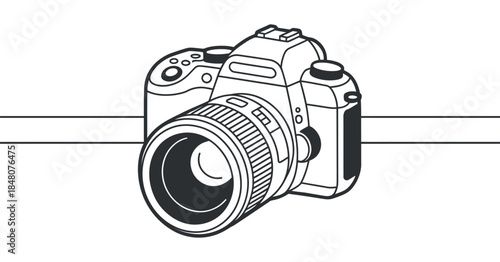 a detailed line drawing showcases a professional digital slr camera with a prominent lens capturing the essence of photography equipment