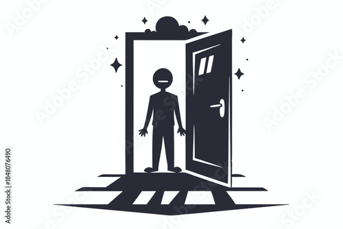 Silhouette Figure in Open Doorway with Sparkles and Cloud; Minimalist