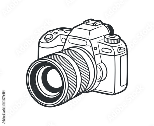 a detailed line drawing showcases a professional dslr camera with a prominent lens capturing the essence of photographic equipment high quality