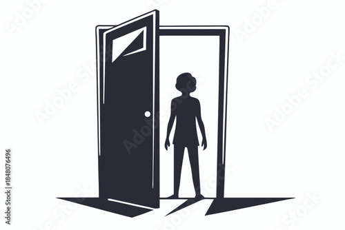 Open Door Silhouette Girl Standing in Doorway, Threshold, Opportunity, Isolated