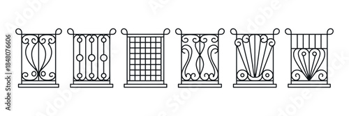 a collection of six ornate black and white line art illustrations depicting various decorative railing or fence panel designs high quality
