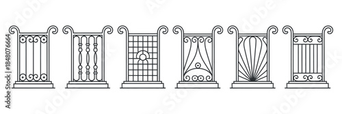 a detailed illustration showcases six distinct wrought iron fence panel designs each with unique ornamental patterns and structures high quality professional