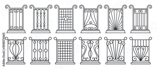 an assortment of decorative black metal gate designs featuring intricate patterns and varying styles for architectural embellishments and garden accents