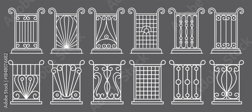 a collection of ornate wrought iron gate and fence designs presented in a linear style on a dark background high quality