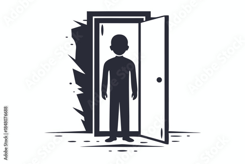 Dark Silhouette of a Person Standing in Front of Open Door Frame, Minimalism